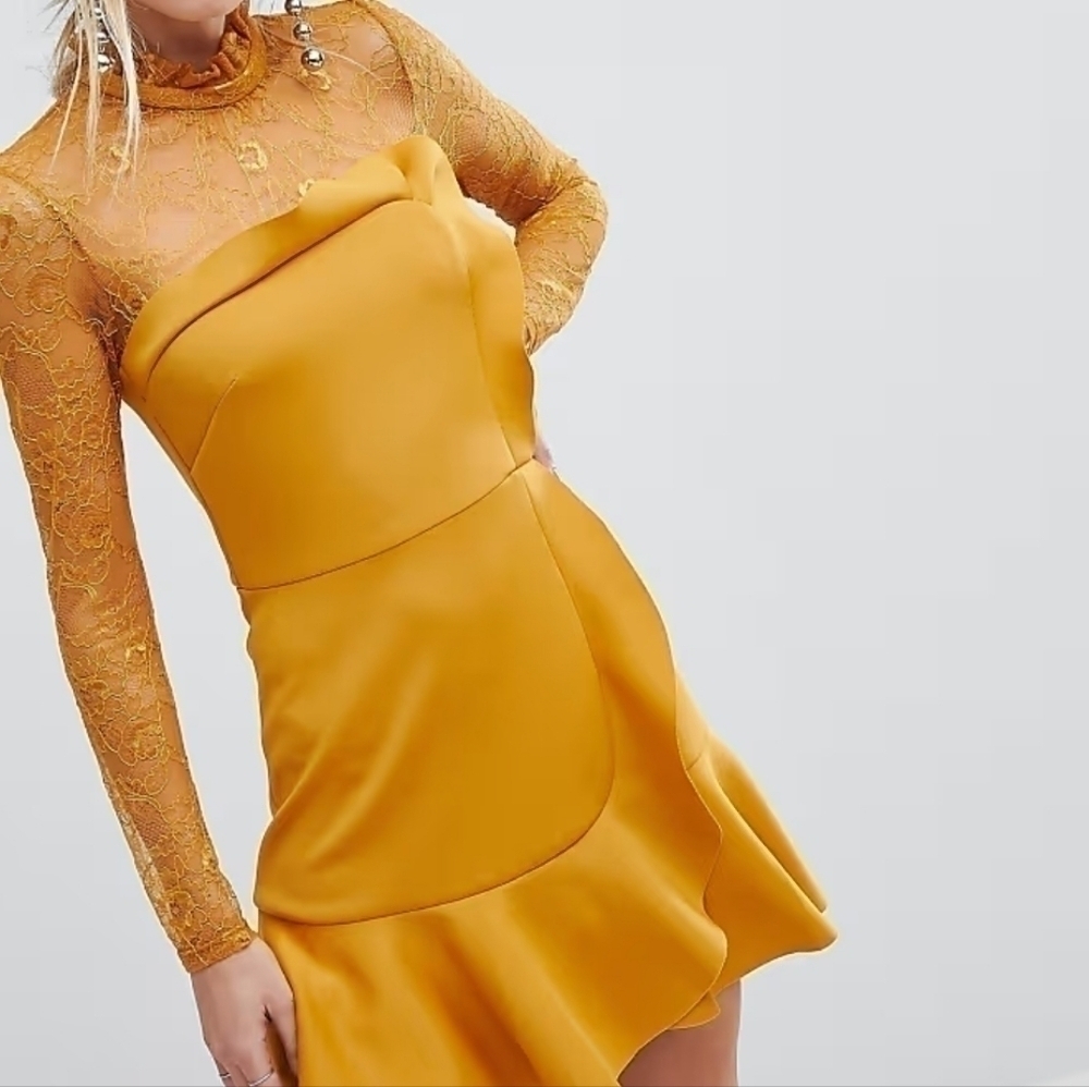 ASOS Delicate Lace & Scuba Ruffle Shift Mini Dress Fall Party Wedding Guest Glam